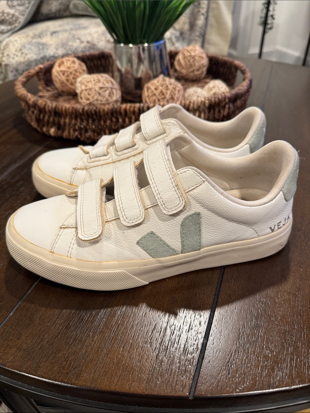 Veja  White Velcro Sneakers with Pale Green V Logo size 8